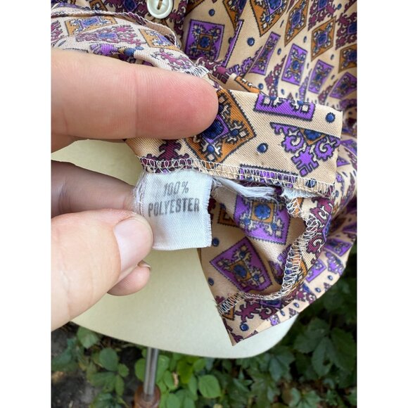 70s Dagger Collar Blouse All Over Purple Geometric Print Balloon Sleeve Custom - Picture 6 of 15